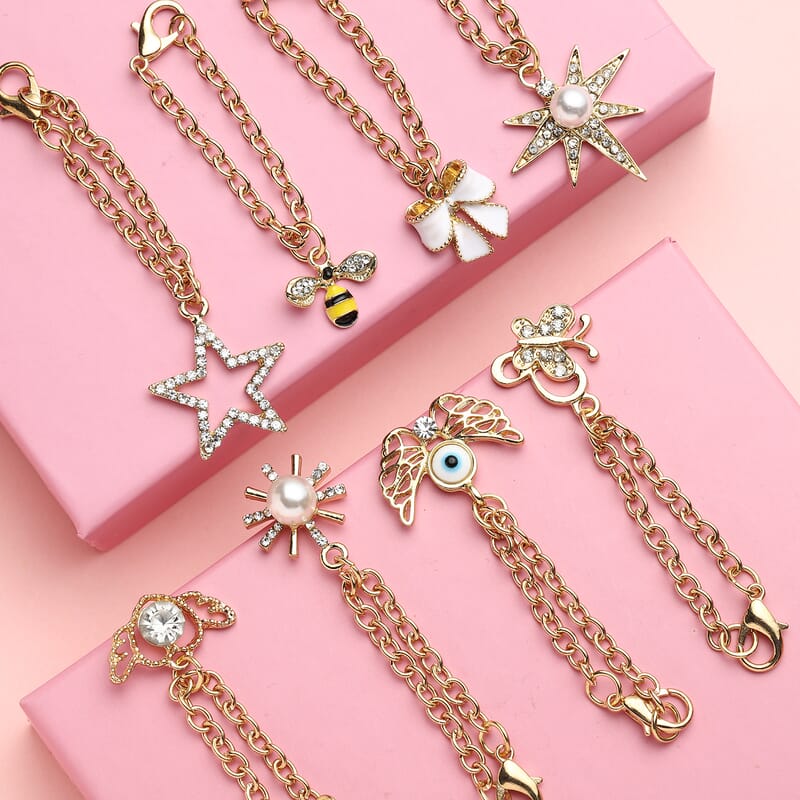 Set of 8 Resin, Simulated Pearl, Austrian Crystal and Enameled Charm with Chain (3.5)  Inches in Goldtone
