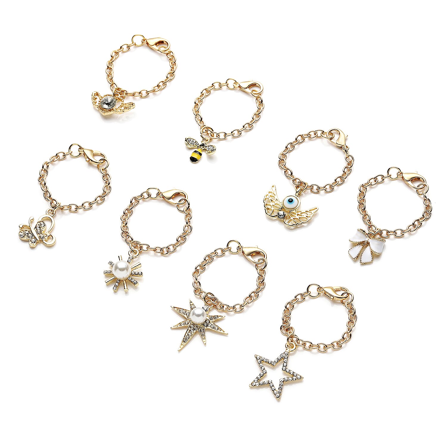 Set of 8 Resin, Simulated Pearl, Austrian Crystal and Enameled Charm with Chain (3.5)  Inches in Goldtone