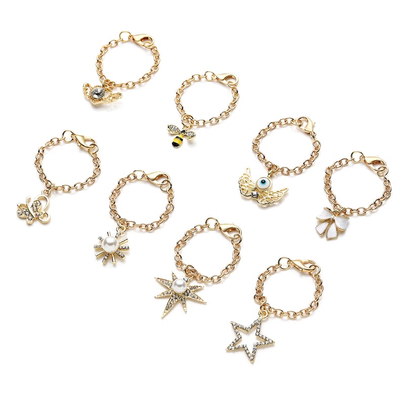 Set of 8 Resin, Simulated Pearl, Austrian Crystal and Enameled Charm with Chain (3.5)  Inches in Goldtone