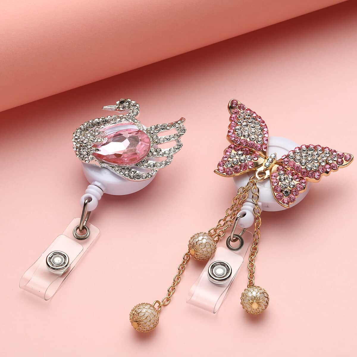 Set of 2 Resin, Simulated Pearl, Multi Color Austrian Crystal Swan and Butterfly Pattern Badge Holders in Silvertone and Goldtone 35.01 ctw image number 1