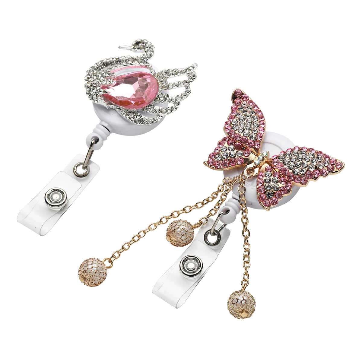 Set of 2 Resin, Simulated Pearl, Multi Color Austrian Crystal Swan and Butterfly Pattern Badge Holders in Silvertone and Goldtone 35.01 ctw image number 2