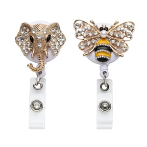 Set of 2 Resin, Simulated Pearl, White and Black Austrian Crystal and Enameled Elephant and Bee Pattern Badge Holders in Silvertone and Goldtone
