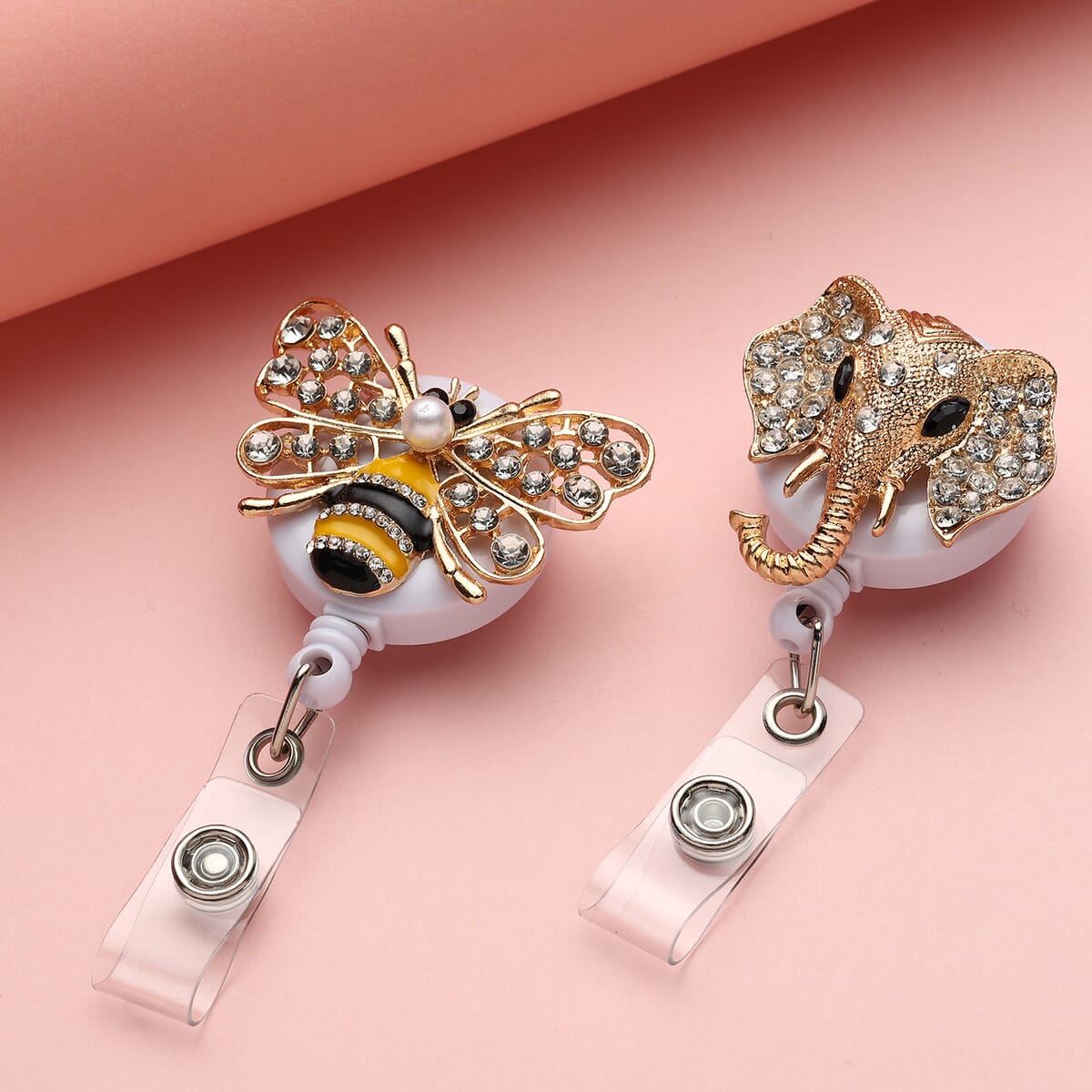 Set of 2 Resin, Simulated Pearl, White and Black Austrian Crystal and Enameled Elephant and Bee Pattern Badge Holders in Silvertone and Goldtone image number 1