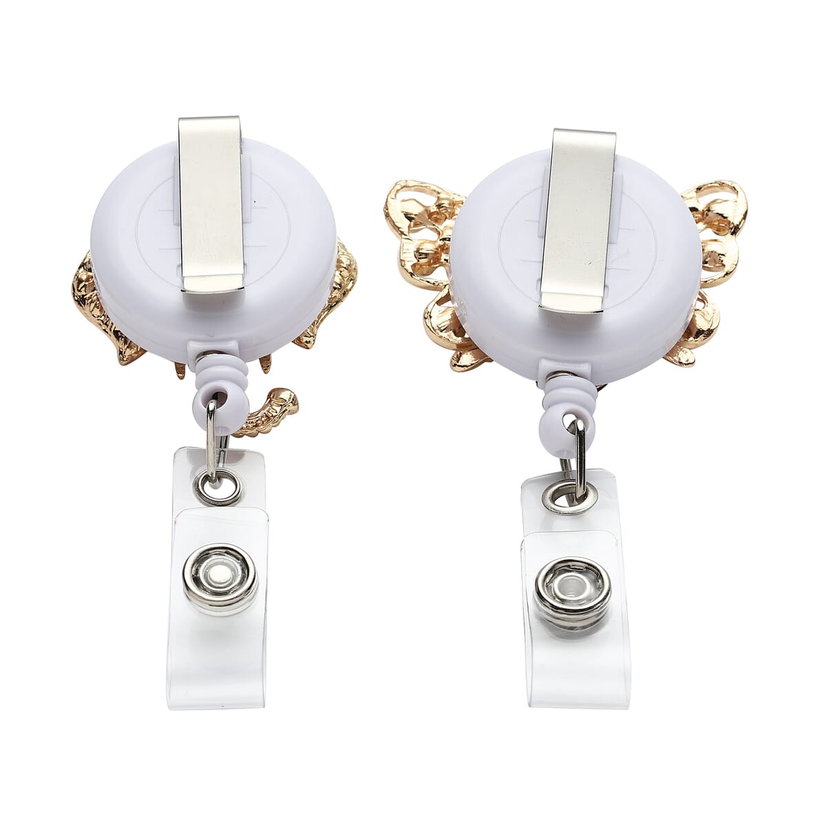 Set of 2 Resin, Simulated Pearl, White and Black Austrian Crystal and Enameled Elephant and Bee Pattern Badge Holders in Silvertone and Goldtone image number 2