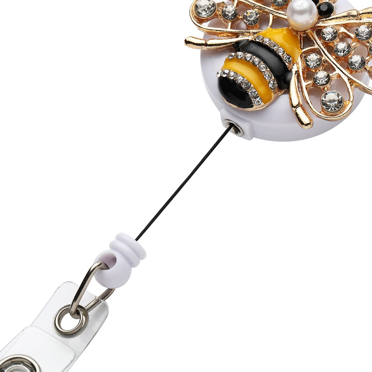 Set of 2 Resin, Simulated Pearl, White and Black Austrian Crystal and Enameled Elephant and Bee Pattern Badge Holders in Silvertone and Goldtone image number 3