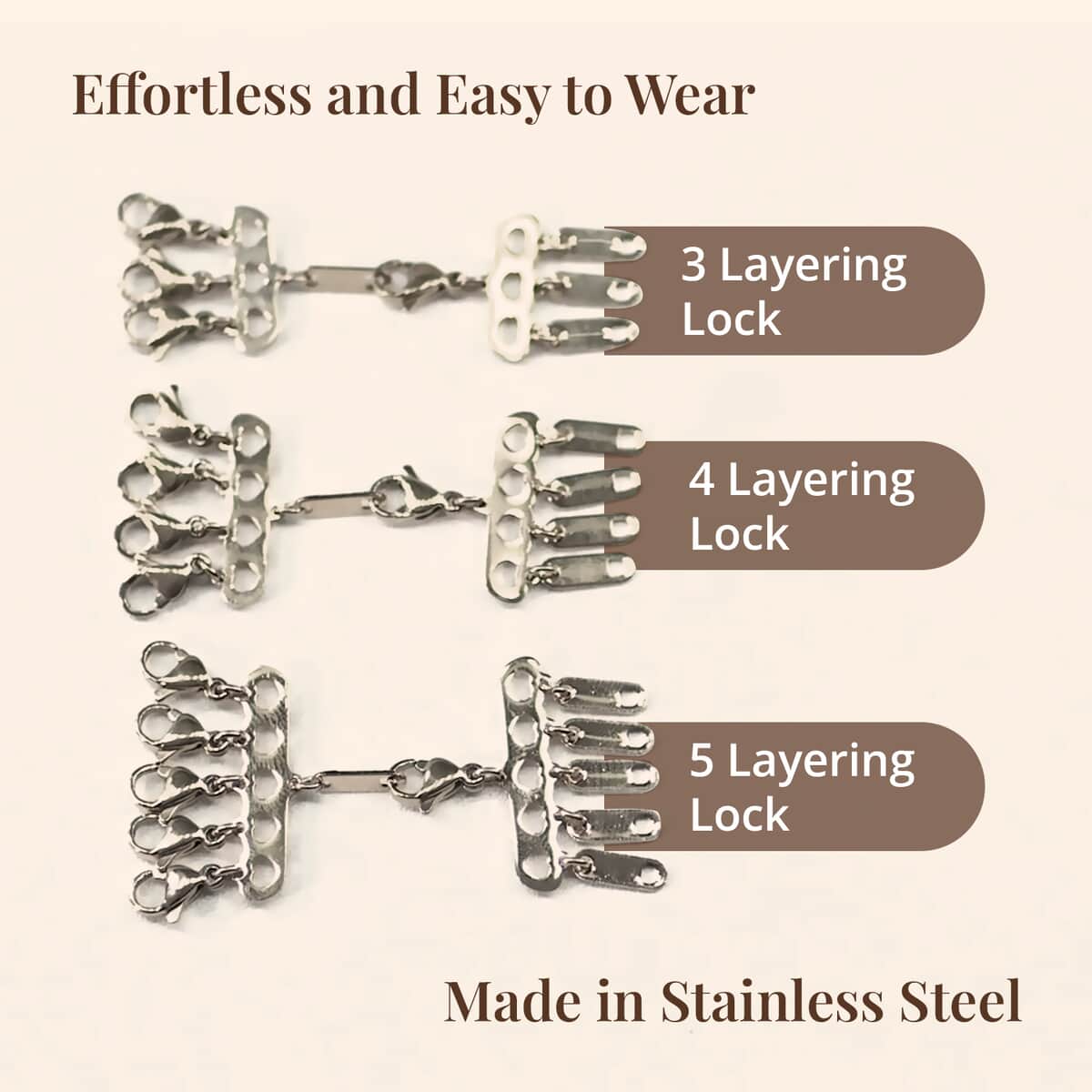 Set of 3 Layring Lock Clasp (1pcs 3row, 1pcs 4row, 1pcs 5 row) in Stainless Steel image number 3