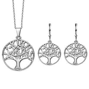 Tree of Life Earrings and Pendant Necklace (20 Inches) in Stainless Steel