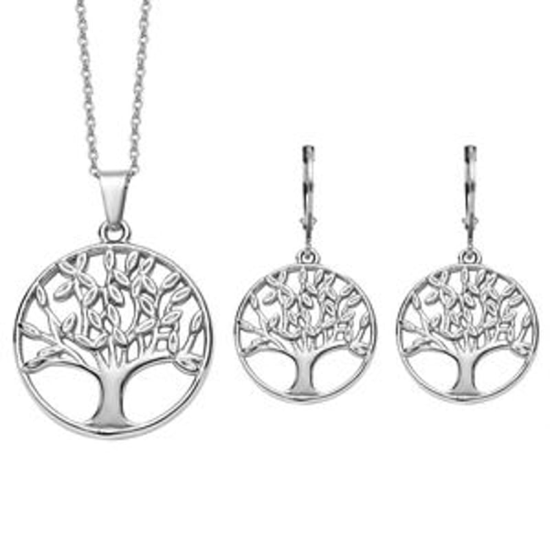 Tree of Life Earrings and Pendant Necklace (20 Inches) in Stainless Steel
