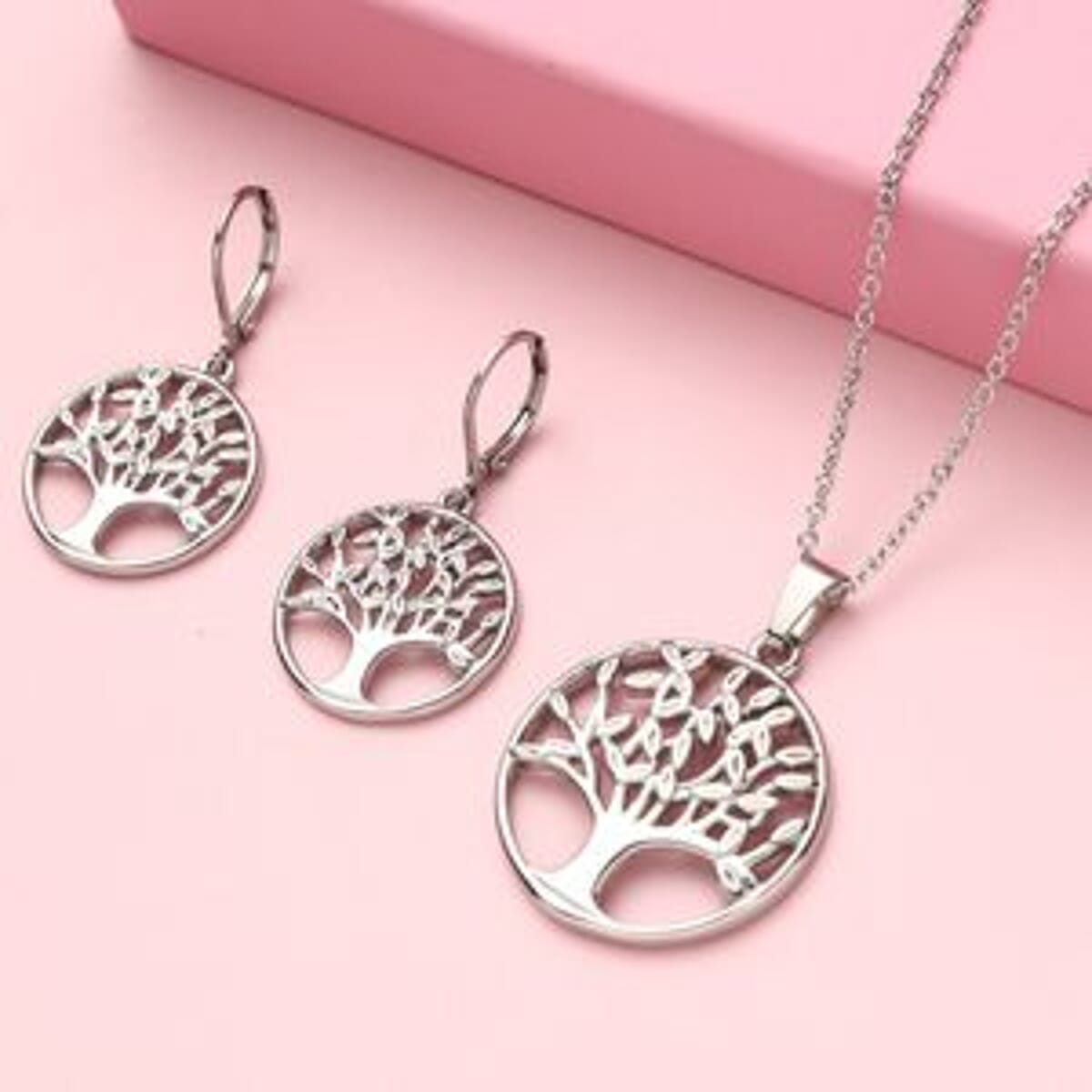 Tree of Life Earrings and Pendant Necklace (20 Inches) in Stainless Steel image number 1