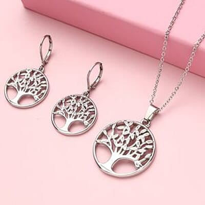 Tree of Life Earrings and Pendant Necklace (20 Inches) in Stainless Steel