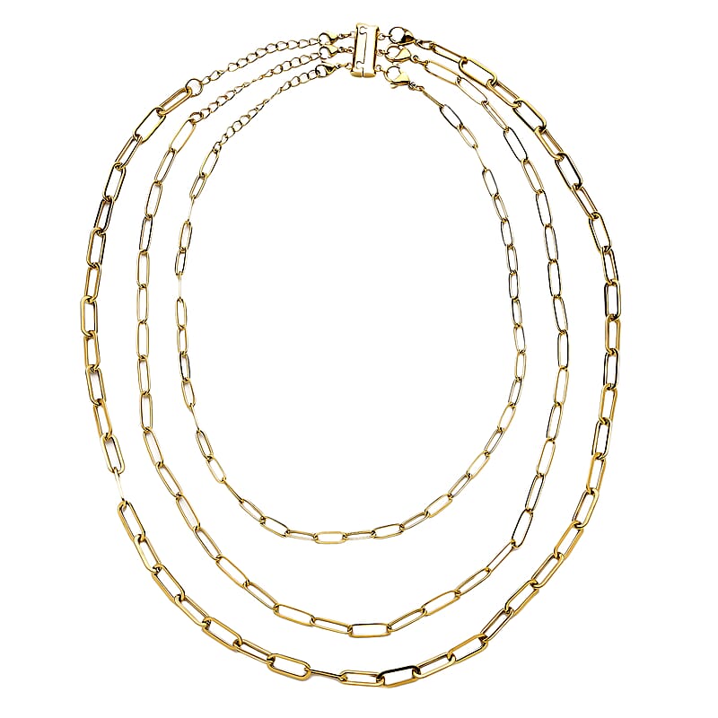 Set of 4, 3 Paper Clip Chains Necklace 16, 20 and 24 Inches with 3-Row Magnetic Layering Lock in ION Plated YG Stainless Steel