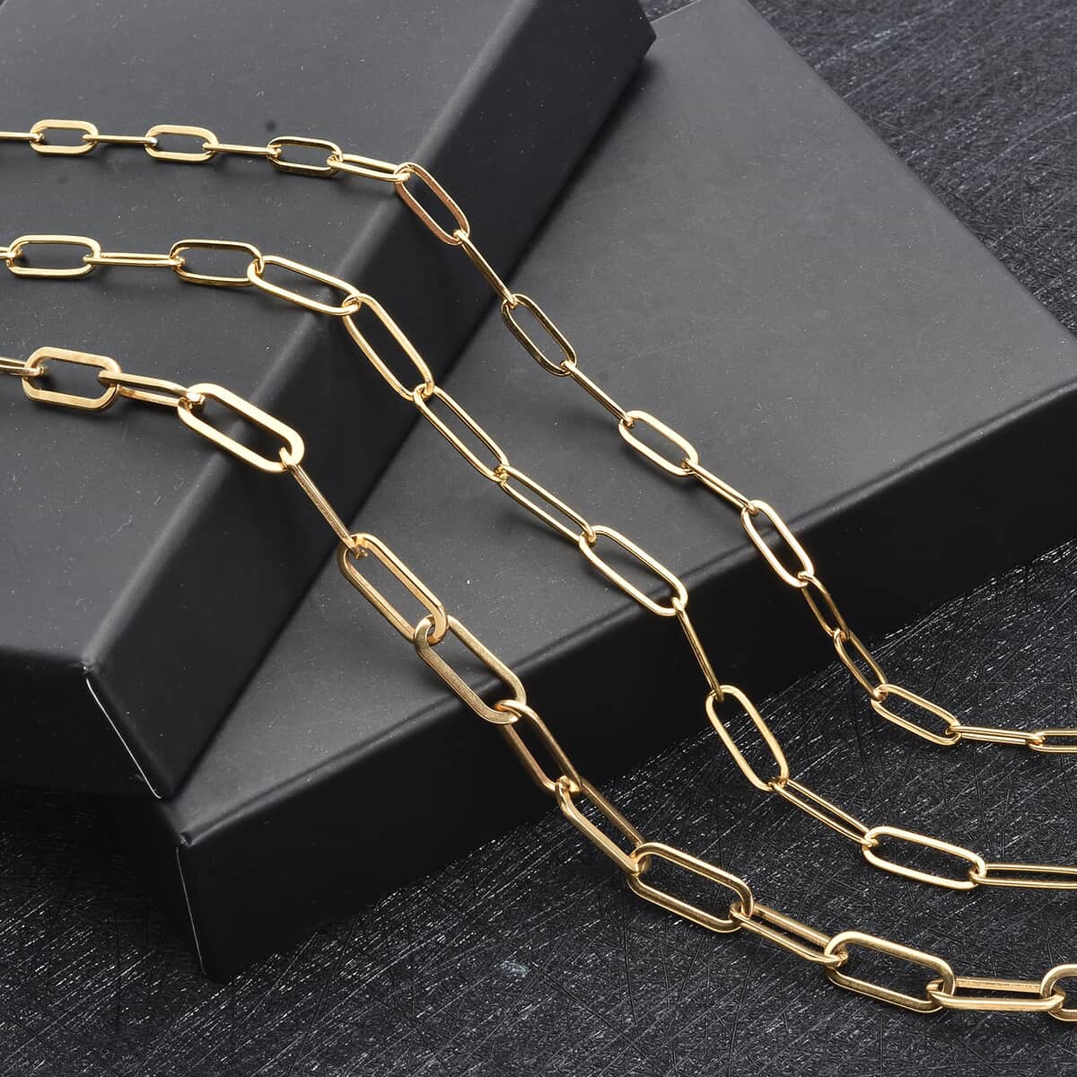 Set of 4, 3 Paper Clip Chains Necklace 16, 20 and 24 Inches with 3-Row Magnetic Layering Lock in ION Plated YG Stainless Steel image number 1