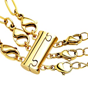 Set of 4, 3 Paper Clip Chains Necklace 16, 20 and 24 Inches with 3-Row Magnetic Layering Lock in ION Plated YG Stainless Steel