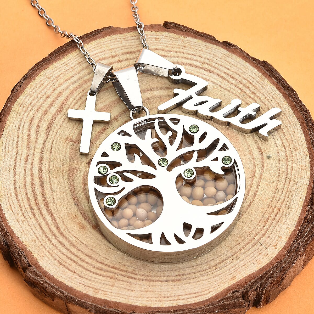 Simulated Green Diamond and Mustard Color Seed Tree of Life Pendant Necklace 24 Inches with Cross Symbol and Faith Charm in Stainless Steel image number 1