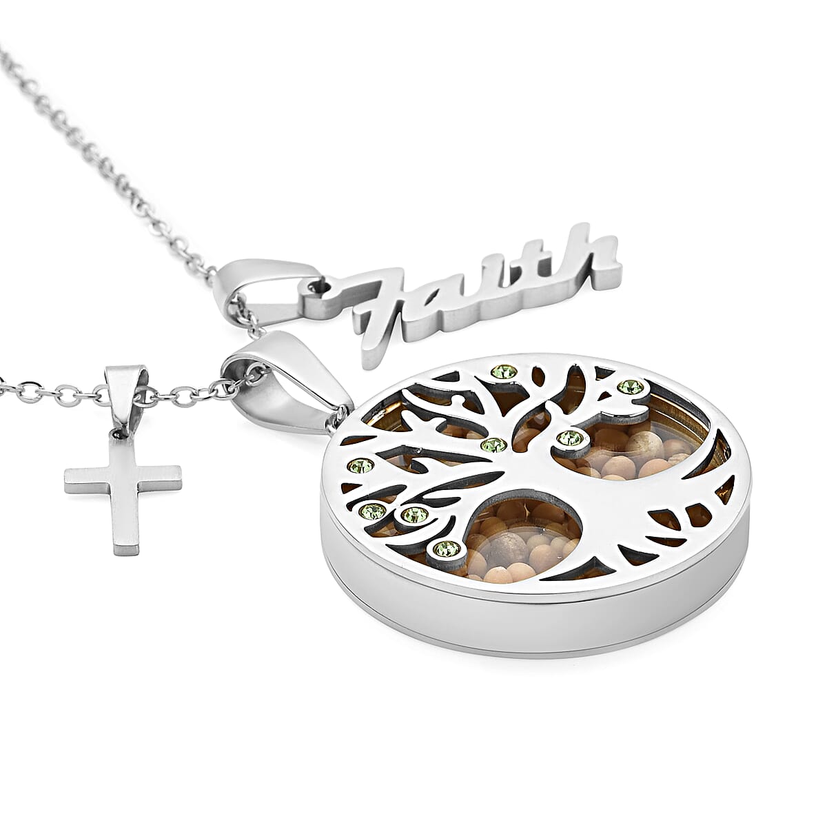 Simulated Green Diamond and Mustard Color Seed Tree of Life Pendant Necklace 24 Inches with Cross Symbol and Faith Charm in Stainless Steel image number 3