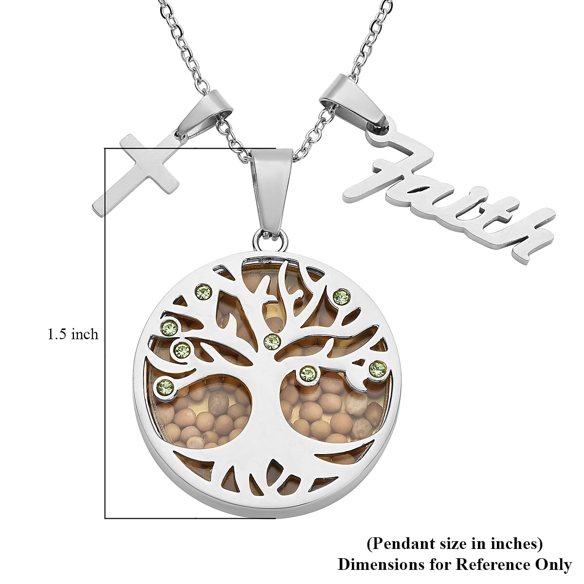 Simulated Green Diamond and Mustard Seed Tree of Life Pendant Necklace 24 Inches with Cross Symbol and Faith Charm in Stainless Steel
