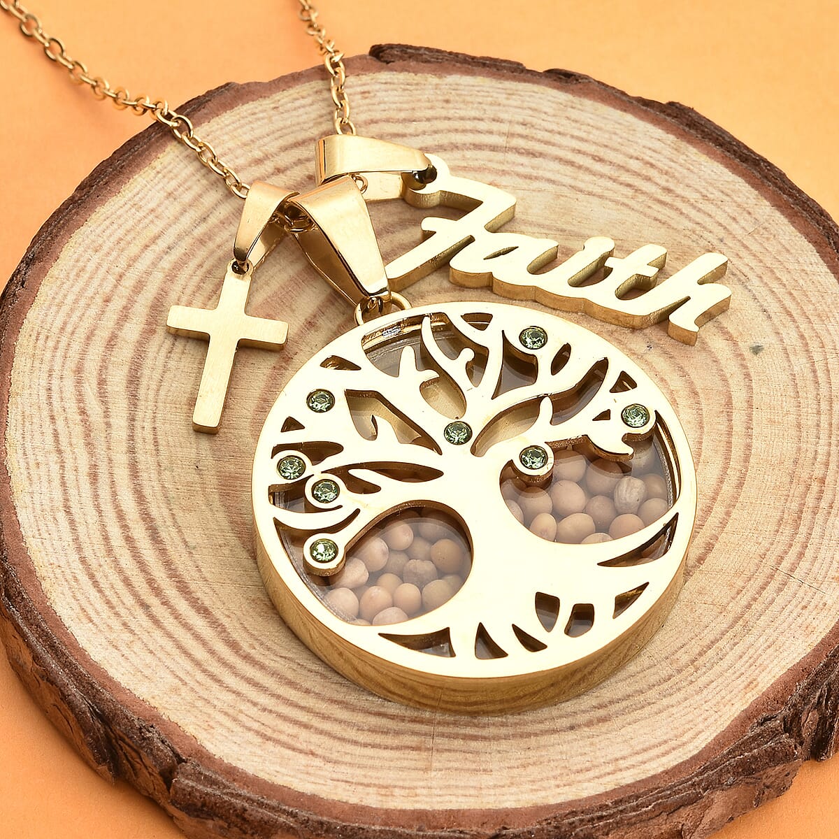 Simulated Green Diamond and Mustard Seed Tree of Life Pendant Necklace 24 Inches with Cross Symbol and Faith Charm in ION Plated YG Stainless Steel image number 1