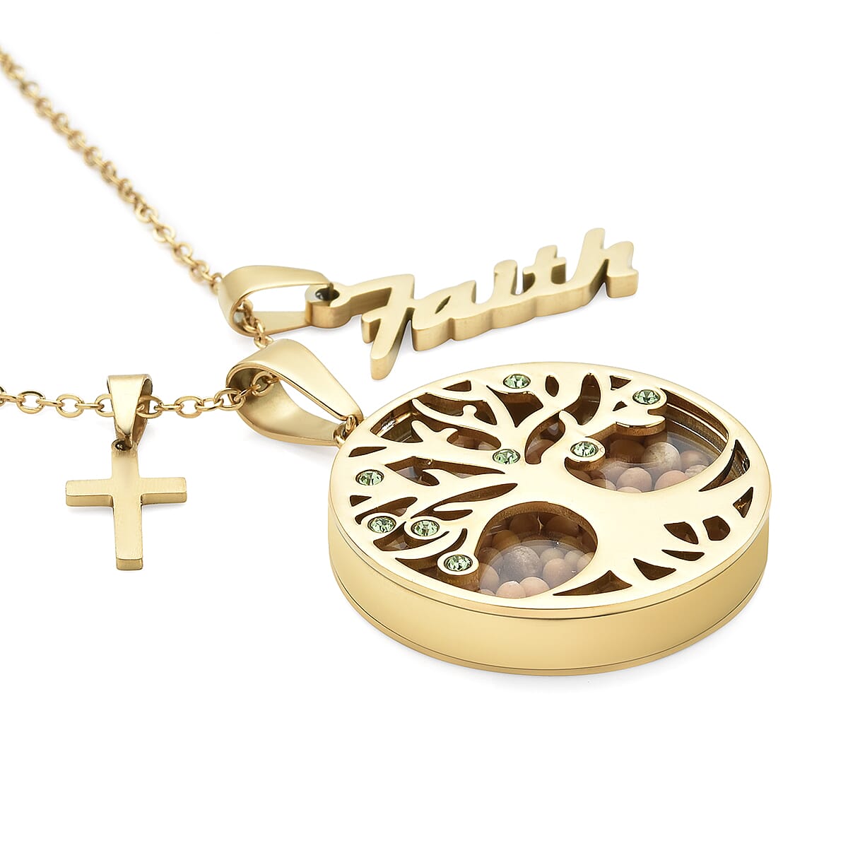 Simulated Green Diamond and Mustard Seed Tree of Life Pendant Necklace 24 Inches with Cross Symbol and Faith Charm in ION Plated YG Stainless Steel image number 3