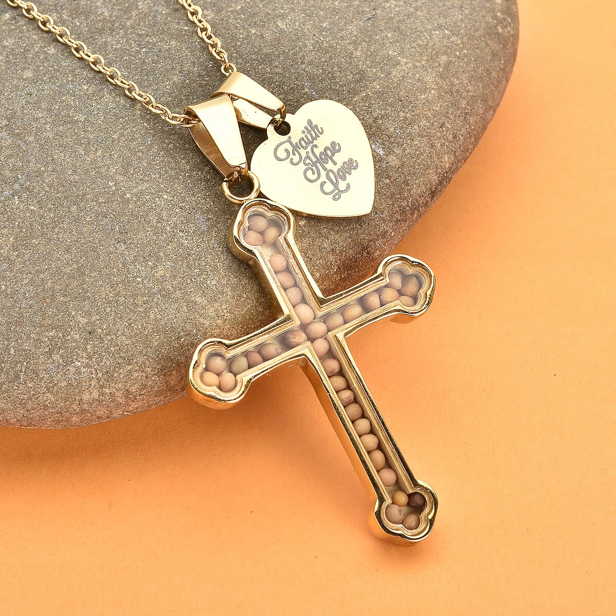 Mustard Seed Cross Pendant Necklace 24 Inches with Heart Charm in ION Plated YG Stainless Steel image number 1