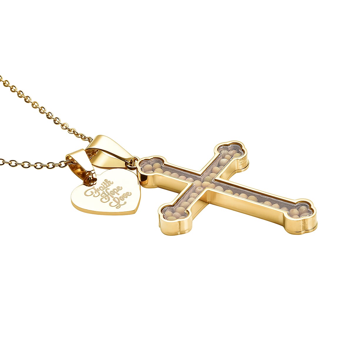 Mustard Seed Cross Pendant Necklace 24 Inches with Heart Charm in ION Plated YG Stainless Steel image number 3