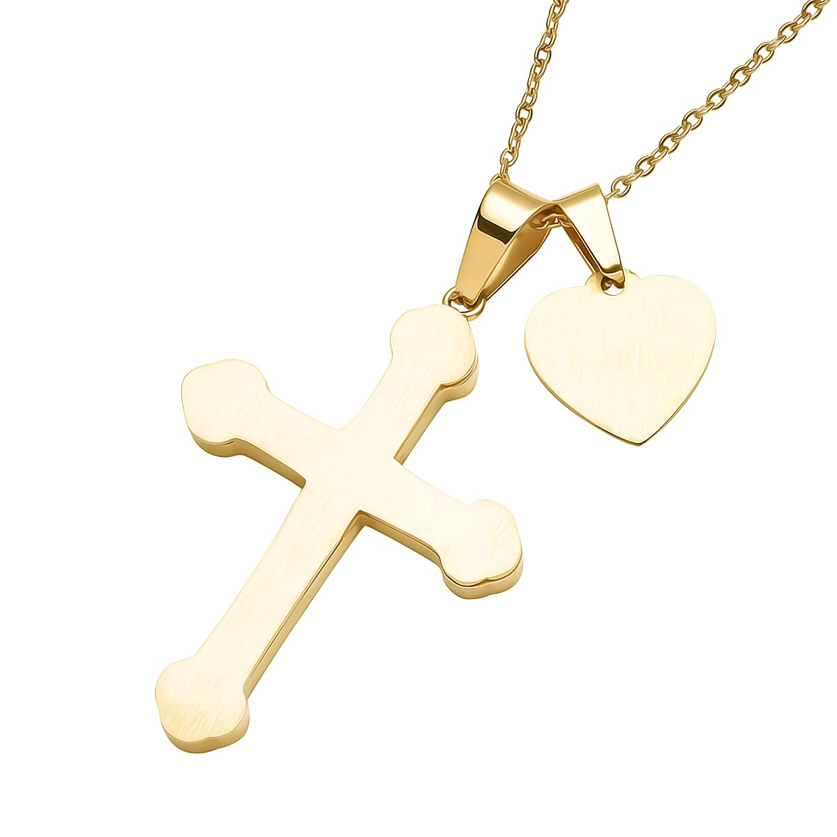 Mustard Seed Cross Pendant Necklace 24 Inches with Heart Charm in ION Plated YG Stainless Steel image number 4