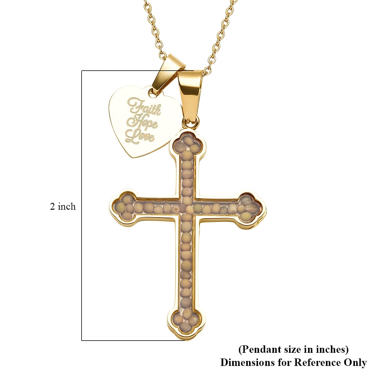 Mustard Seed Cross Pendant Necklace 24 Inches with Heart Charm in ION Plated YG Stainless Steel image number 5