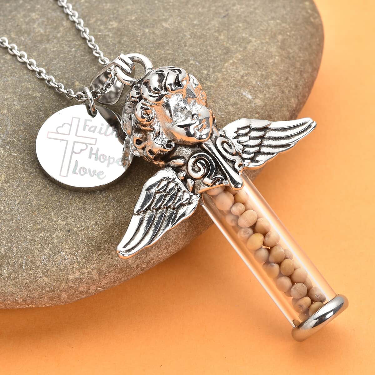 Glass and Mustard Color Seed Angel and Cross Pendant Necklace 20 Inches in Stainless Steel image number 1