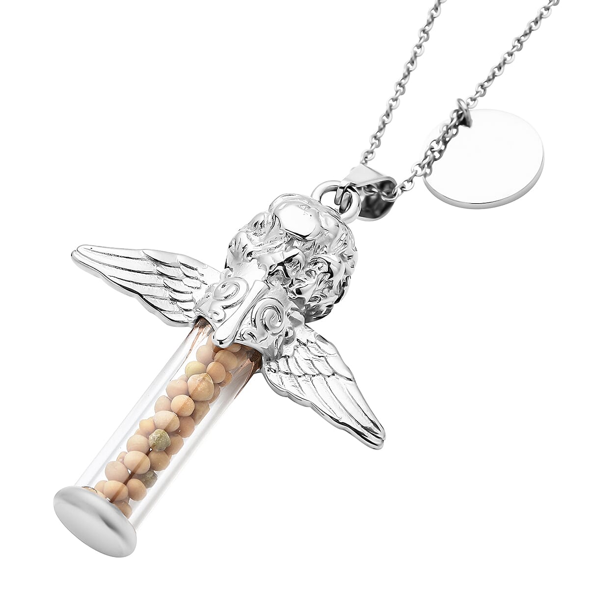 Glass and Mustard Seed Angel and Cross Pendant Necklace 20 Inches in Stainless Steel