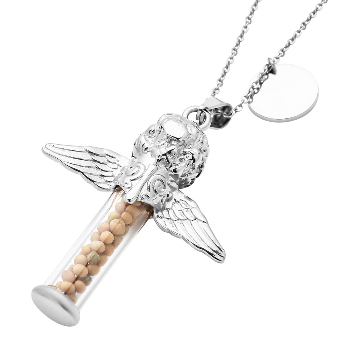 Glass and Mustard Color Seed Angel and Cross Pendant Necklace 20 Inches in Stainless Steel image number 4