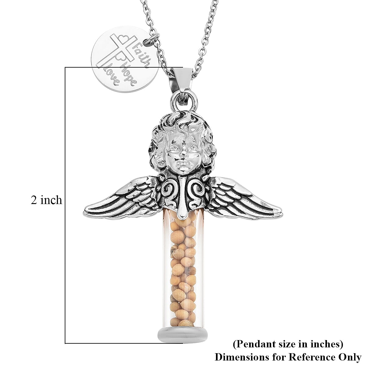 Glass and Mustard Seed Angel and Cross Pendant Necklace 20 Inches in Stainless Steel