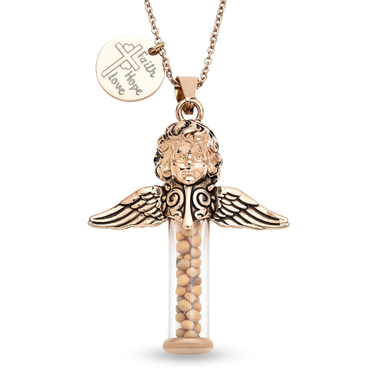 Glass and Mustard Seed Angel and Cross Pendant Necklace 20 Inches in ION Plated RG Stainless Steel image number 0