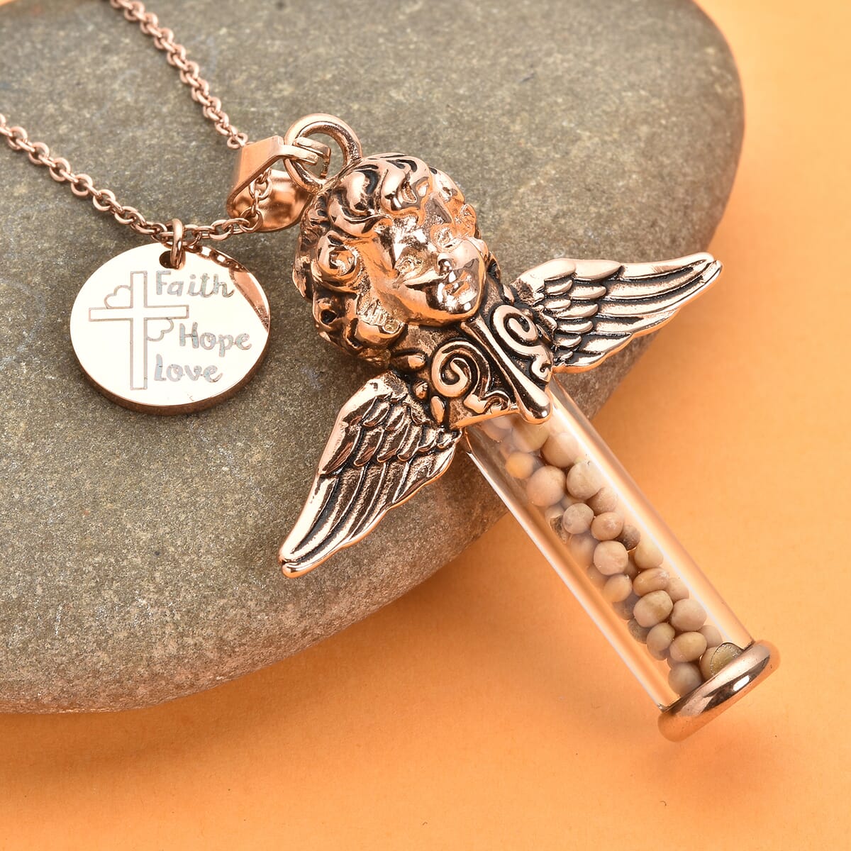 Glass and Mustard Seed Angel and Cross Pendant Necklace 20 Inches in ION Plated RG Stainless Steel image number 1