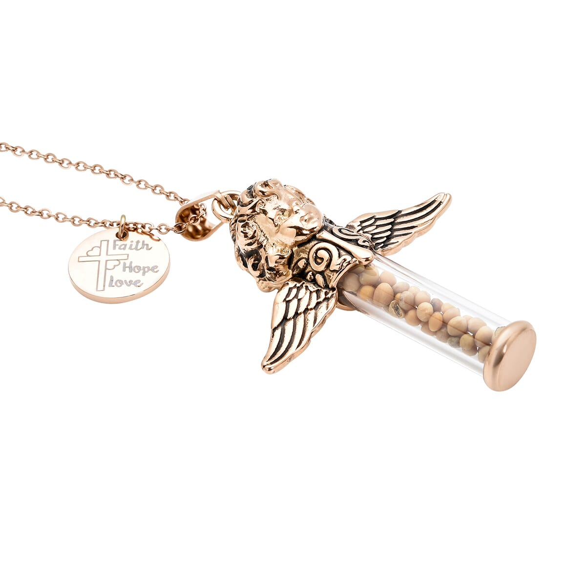 Glass and Mustard Seed Angel and Cross Pendant Necklace 20 Inches in ION Plated RG Stainless Steel image number 3