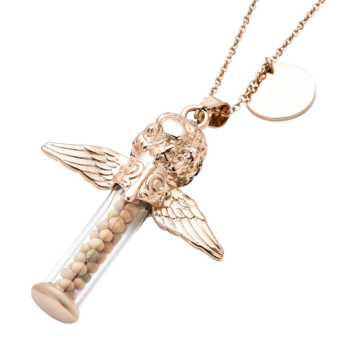 Glass and Mustard Seed Angel and Cross Pendant Necklace 20 Inches in ION Plated RG Stainless Steel image number 4