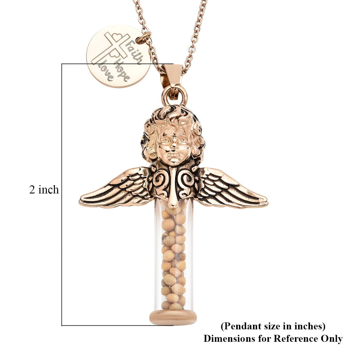 Glass and Mustard Seed Angel and Cross Pendant Necklace 20 Inches in ION Plated RG Stainless Steel image number 5