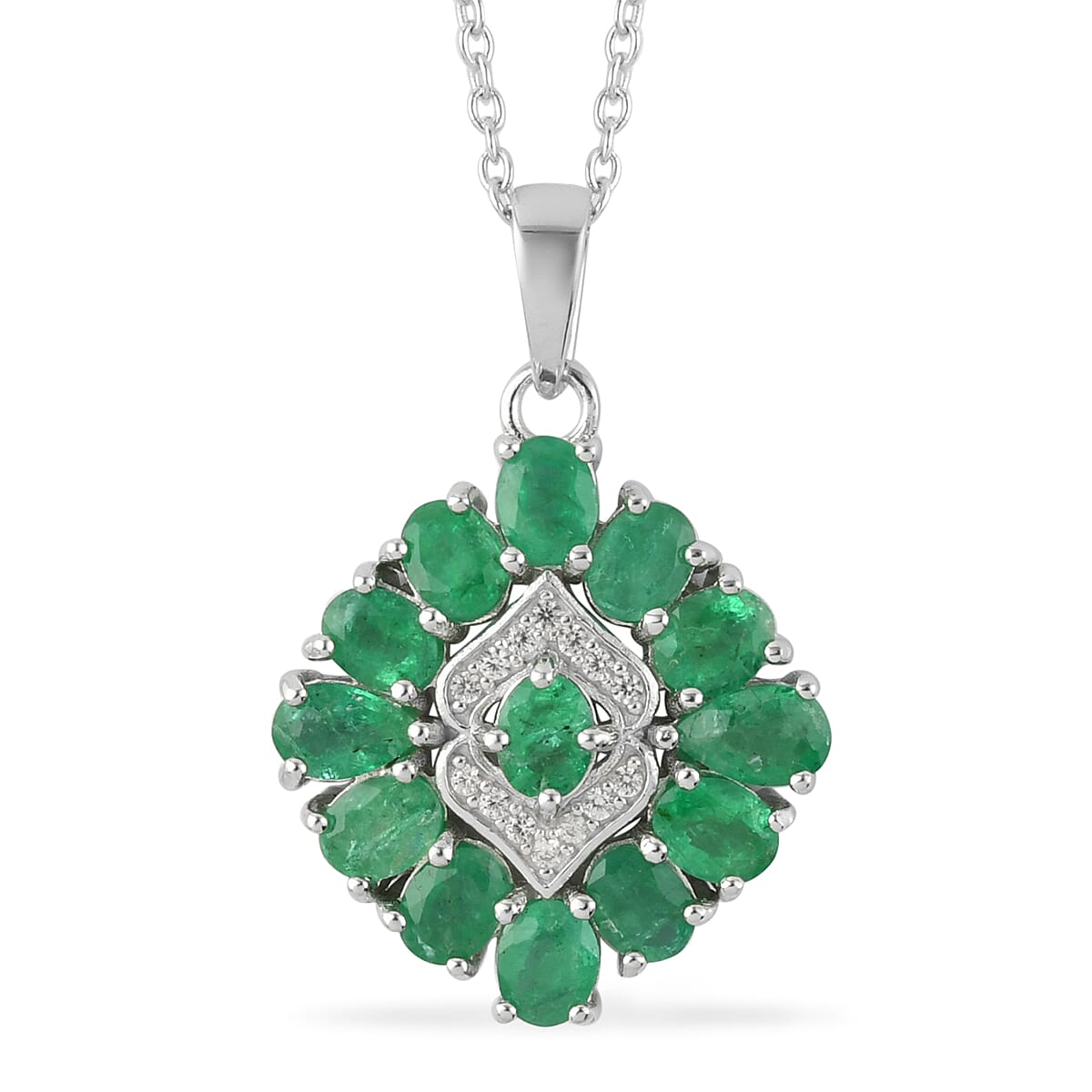 AAA Kagem Emerald, White Zircon Pendant Necklace (18 Inches) in Rhodium Over Sterling Silver