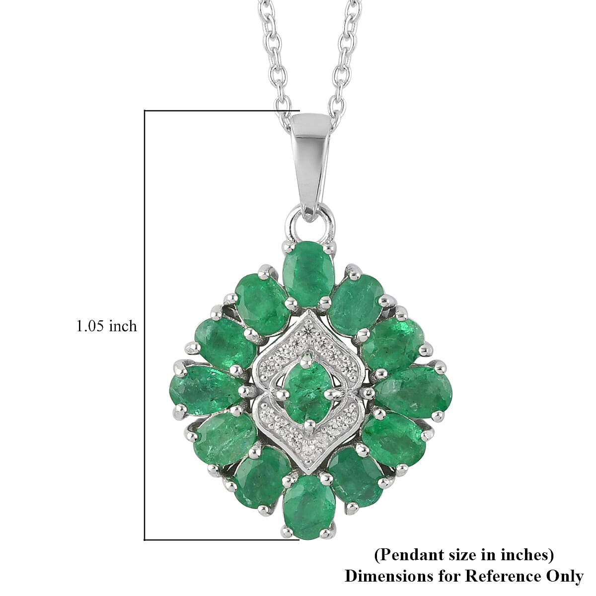 AAA Kagem Emerald, White Zircon Pendant Necklace (18 Inches) in Rhodium Over Sterling Silver