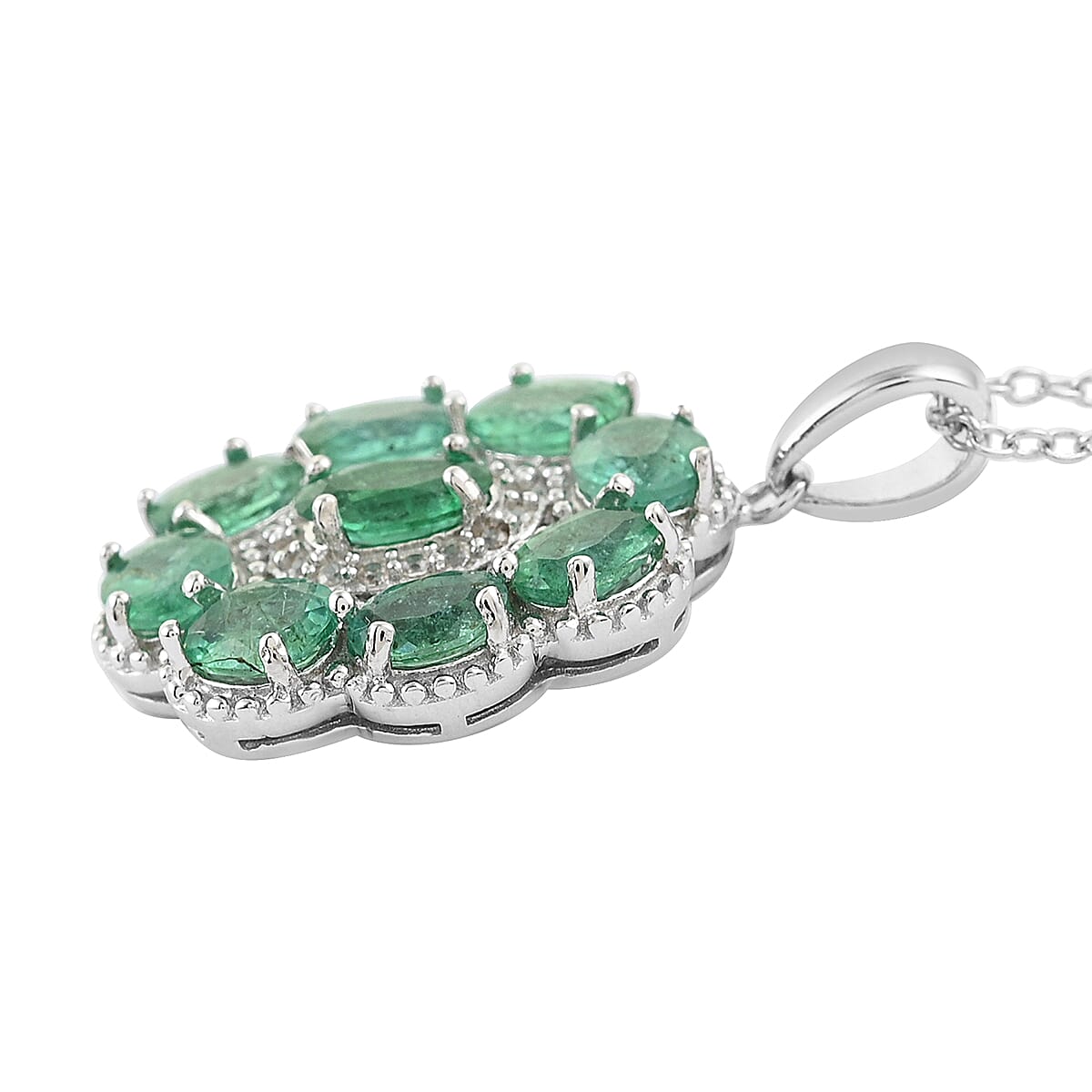 AAA Kagem Emerald and White Zircon Pendant Necklace 18 Inches in Rhodium Over Sterling Silver 2.60 ctw image number 2