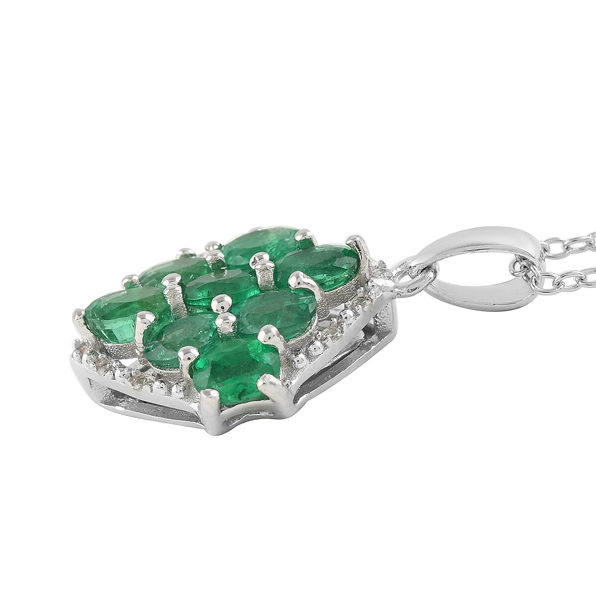 AAA Kagem Emerald and White Zircon Pendant Necklace 18 Inches in Rhodium Over Sterling Silver 1.50 ctw image number 2