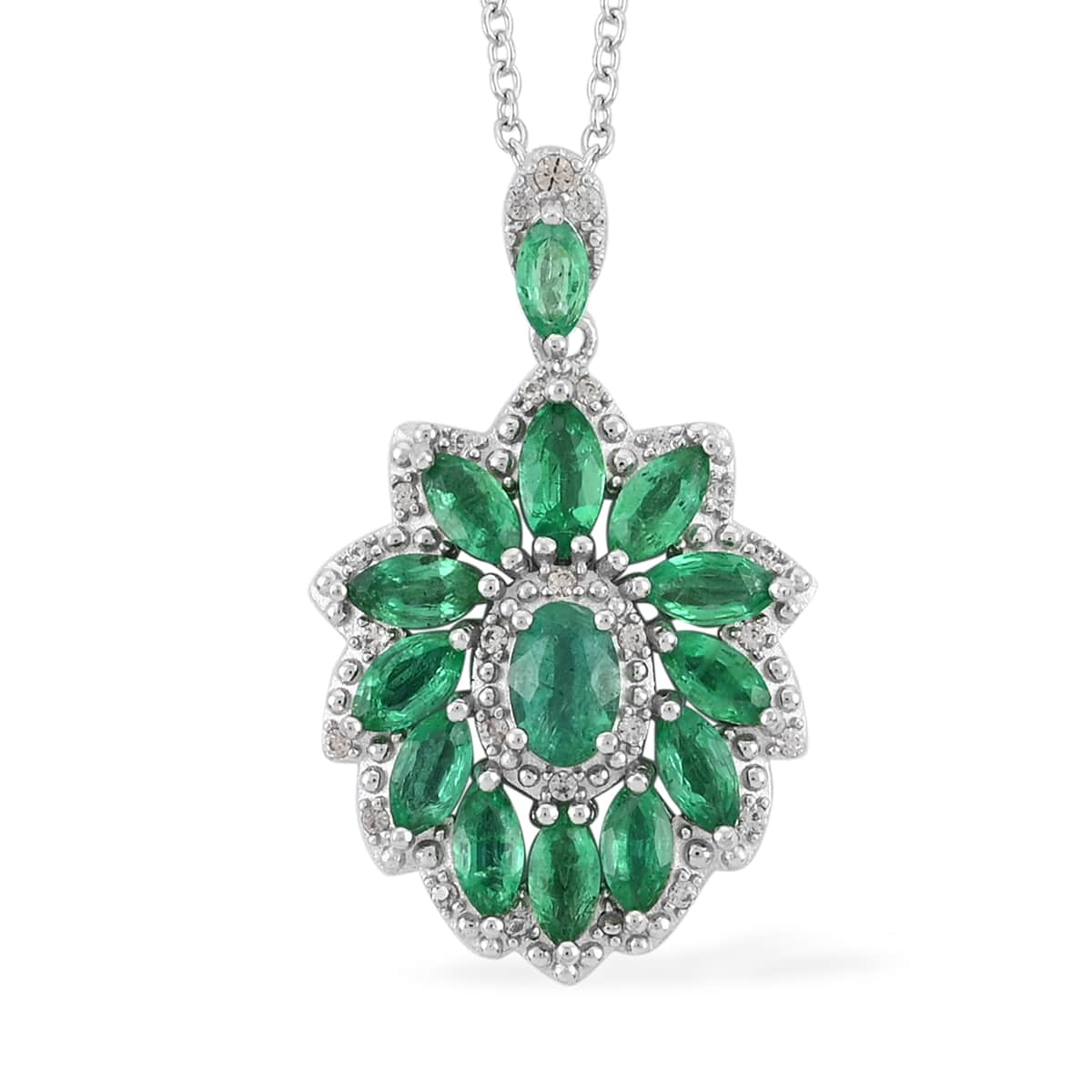AAA Kagem Emerald and White Zircon Pendant Necklace 18 Inches in Rhodium Over Sterling Silver 2.35 ctw image number 0