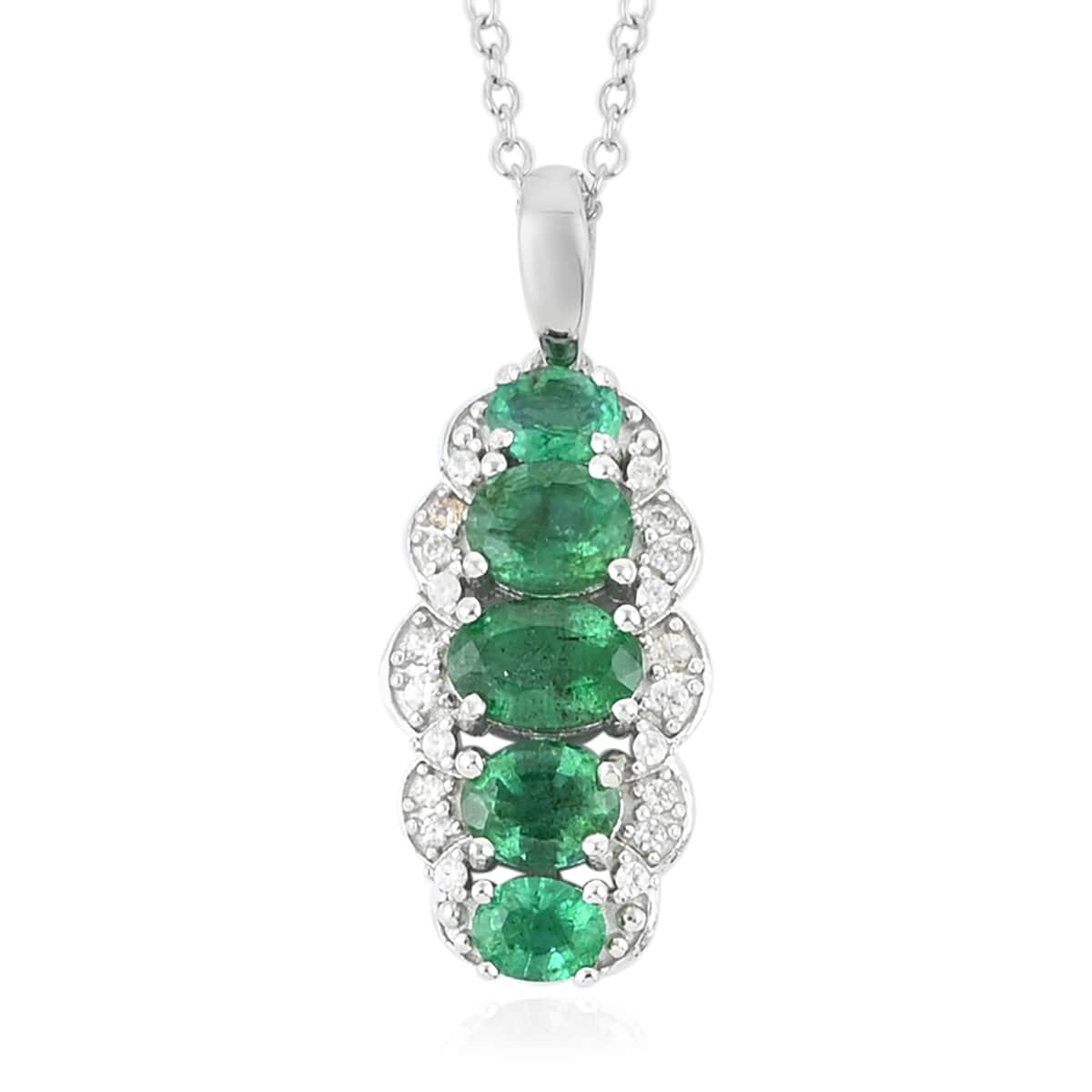 AAA Kagem Zambian Intense Green Emerald and White Zircon Pendant Necklace 18 Inches in Rhodium Over Sterling Silver 1.40 ctw image number 0