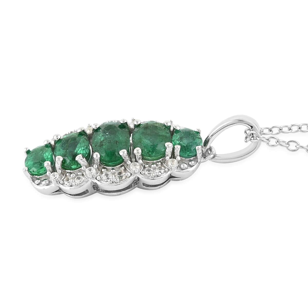 AAA Kagem Zambian Intense Green Emerald and White Zircon Pendant Necklace 18 Inches in Rhodium Over Sterling Silver 1.40 ctw image number 2