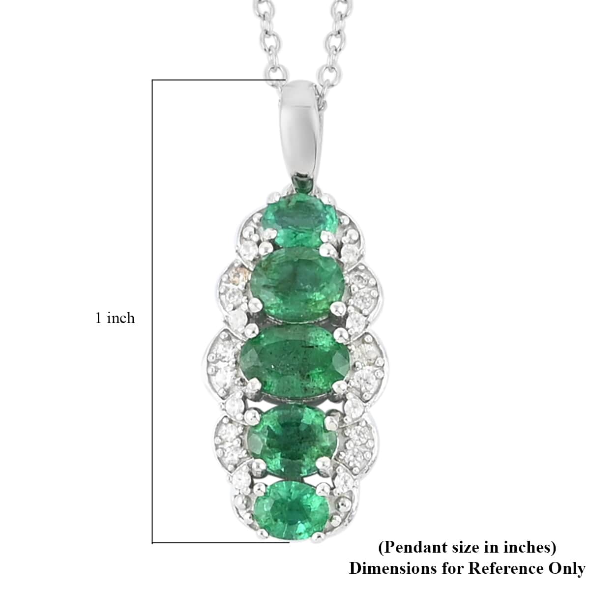 AAA Kagem Zambian Intense Green Emerald and White Zircon Pendant Necklace 18 Inches in Rhodium Over Sterling Silver 1.40 ctw image number 4