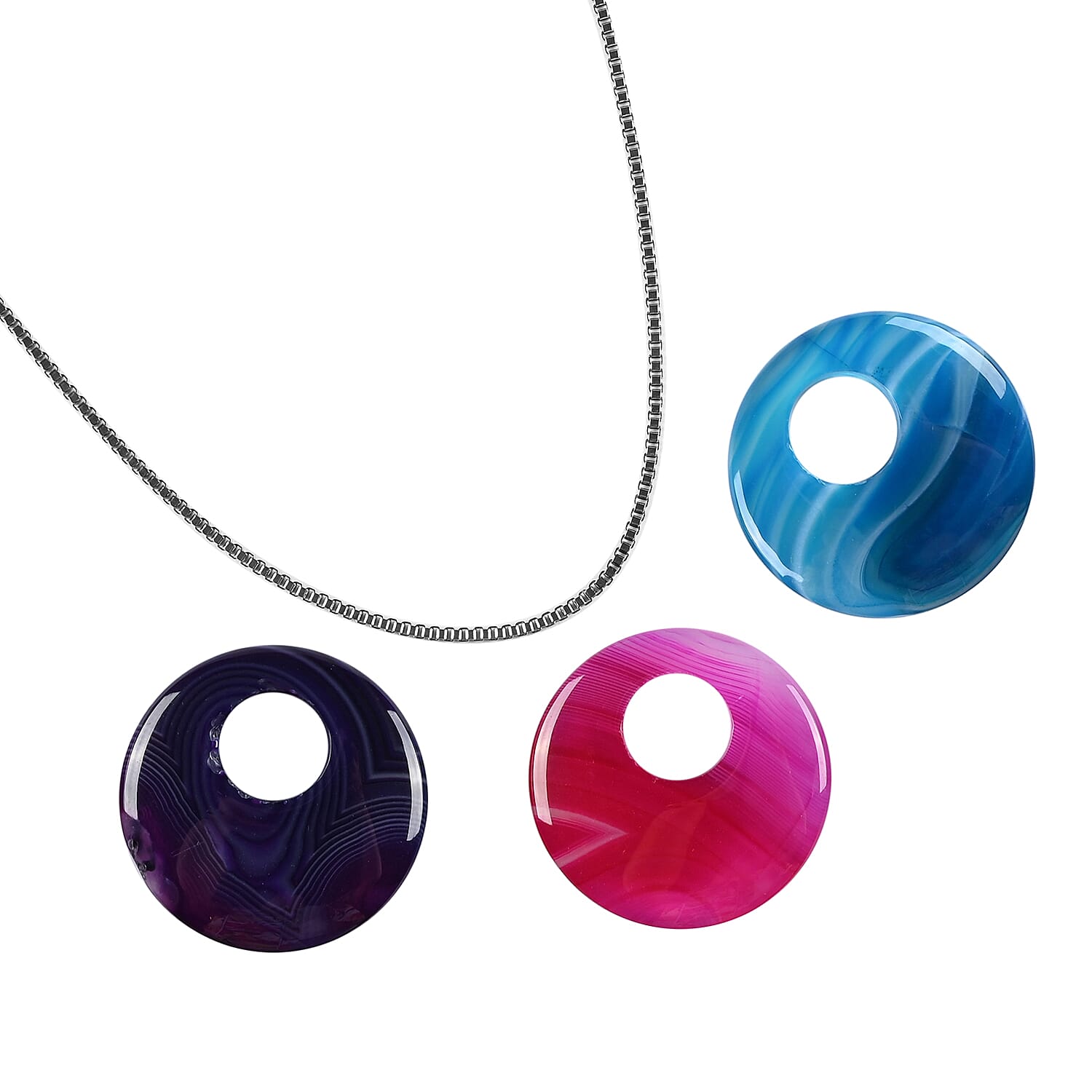 Set of 3 Blue, Pink and Purple Agate Circle Pendant with Stainless Steel Necklace 18 Inches 72.00 ctw