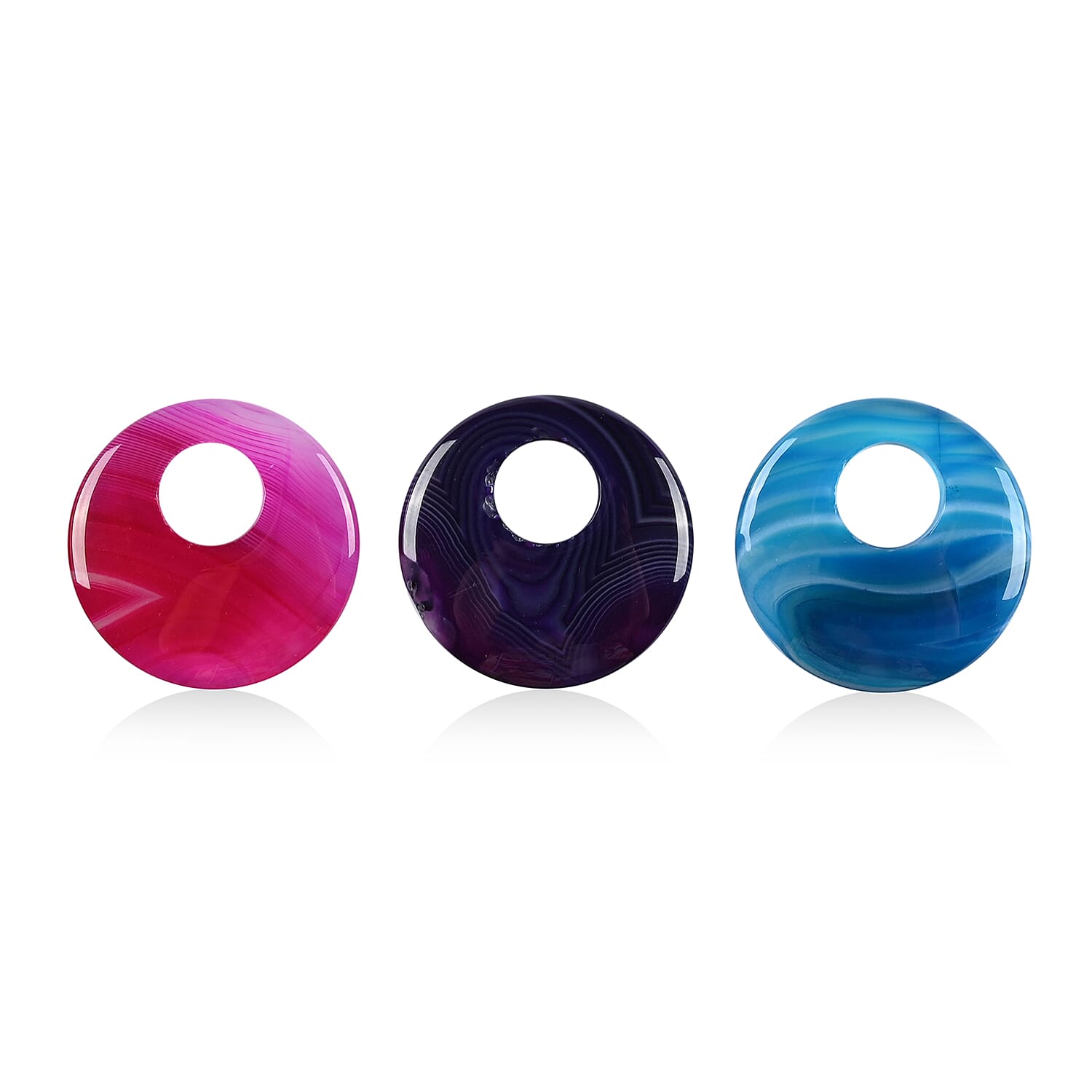 Set of 3 Blue, Pink and Purple Agate Circle Pendant with Stainless Steel Necklace 18 Inches 72.00 ctw