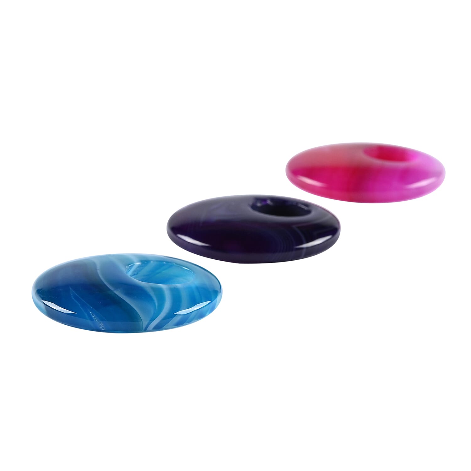 Set of 3 Blue, Pink and Purple Agate Circle Pendant with Stainless Steel Necklace 18 Inches 72.00 ctw