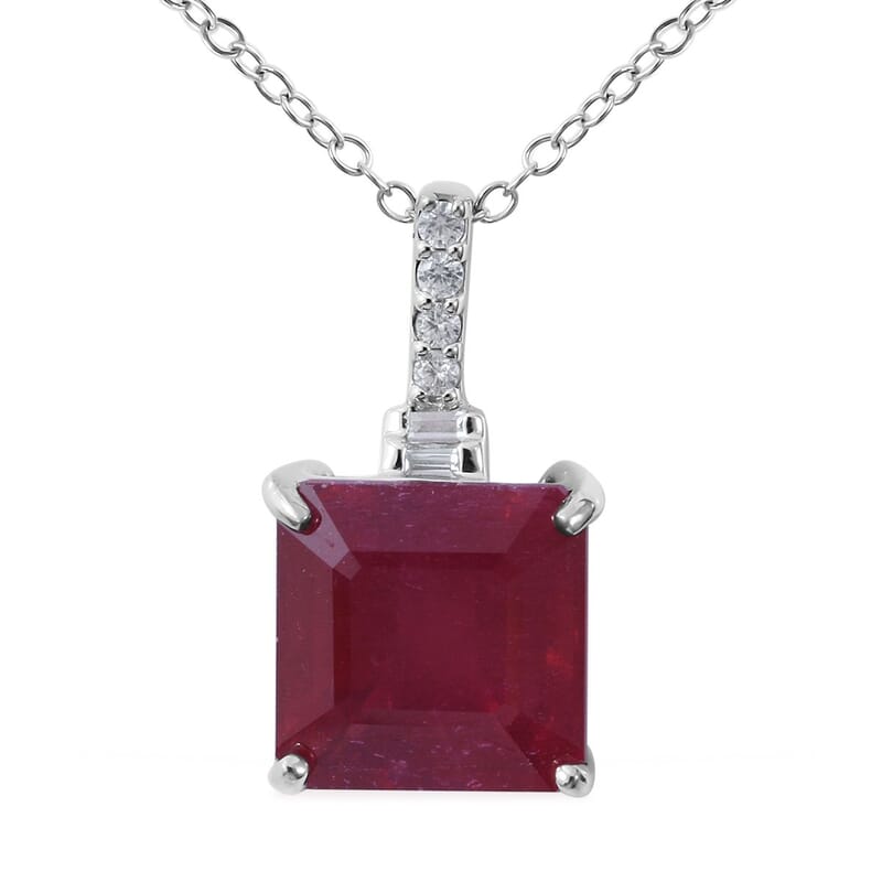 Asscher Cut Niassa Ruby (FF) and White Zircon 7.50 ctw Pendant Necklace in Platinum Over Sterling Silver 18 Inches