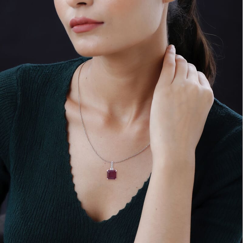 Asscher Cut Niassa Ruby (FF) and White Zircon 7.50 ctw Pendant Necklace in Platinum Over Sterling Silver 18 Inches