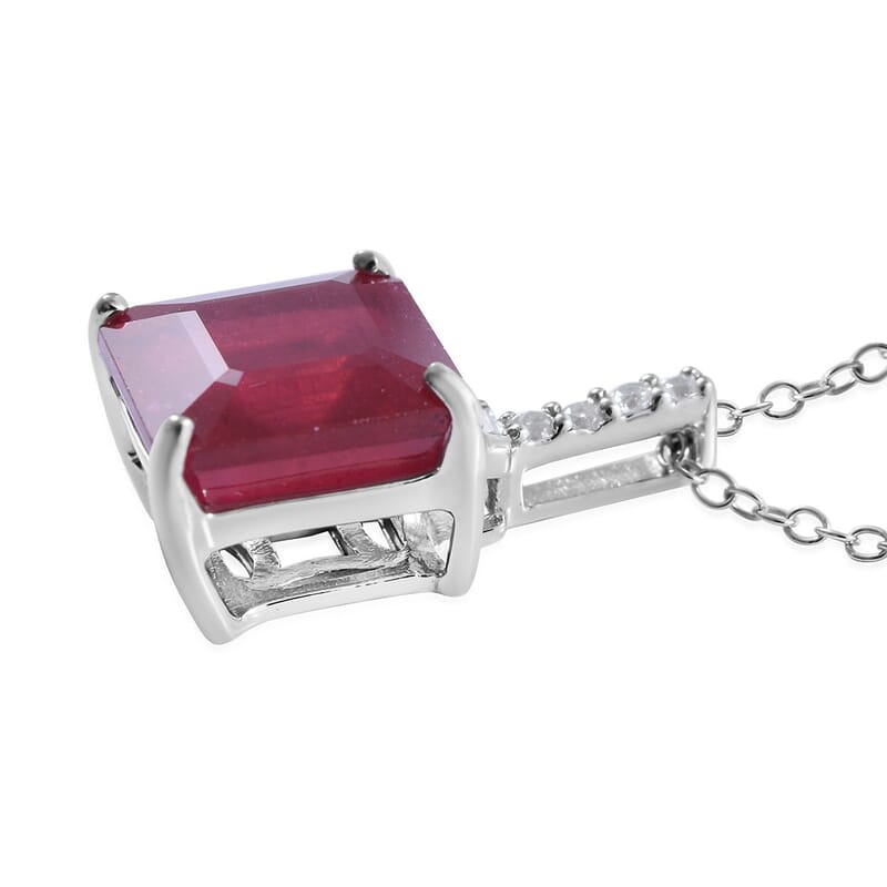 Asscher Cut Niassa Ruby (FF) and White Zircon 7.50 ctw Pendant Necklace in Platinum Over Sterling Silver 18 Inches