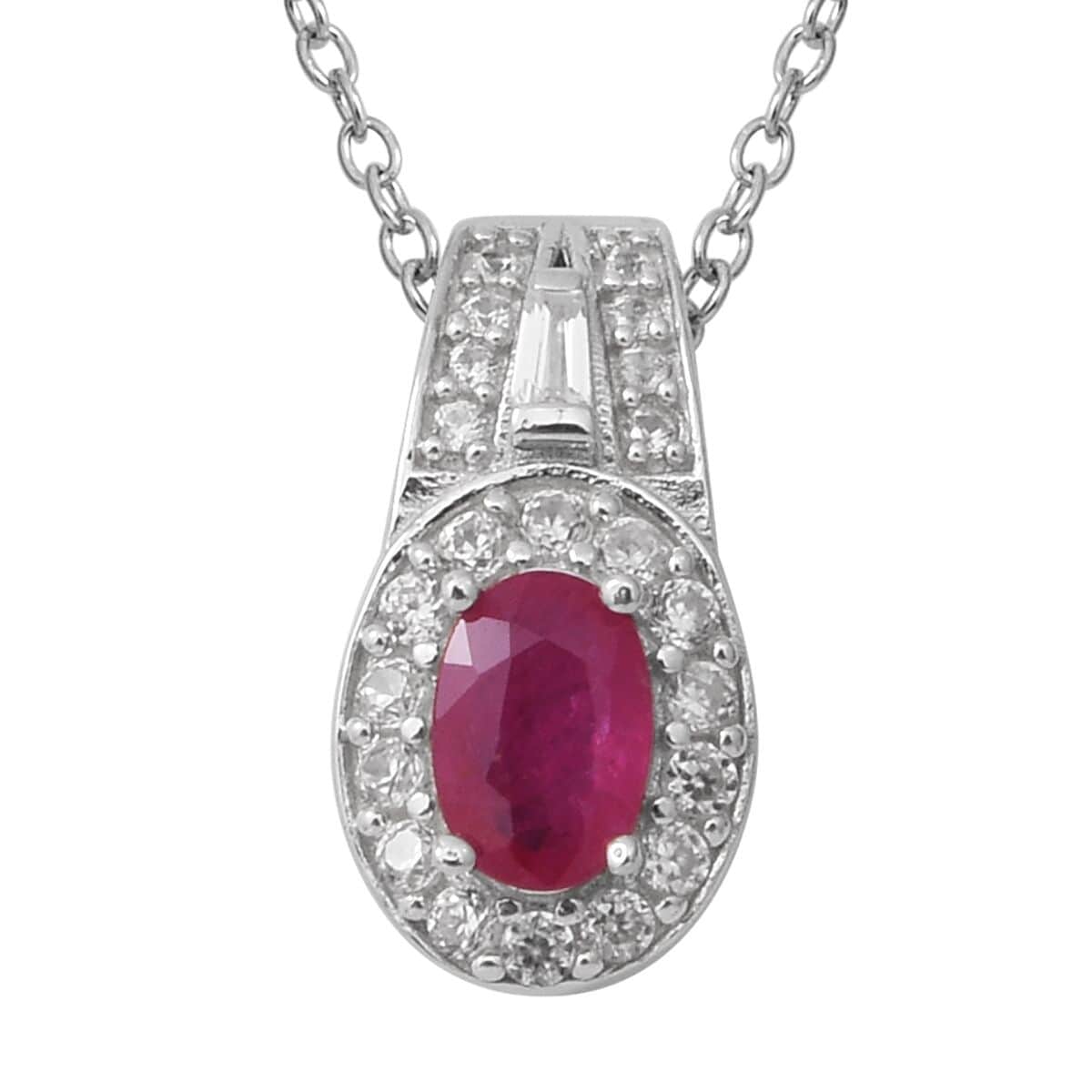 Premium Mozambique Ruby and Natural White Zircon Pendant Necklace 18 Inches in Platinum Over Sterling Silver 1.10 ctw image number 0